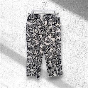 Talbots Black White Leaf Print Chino Ankle Cropped Pants High Rise Pockets 14